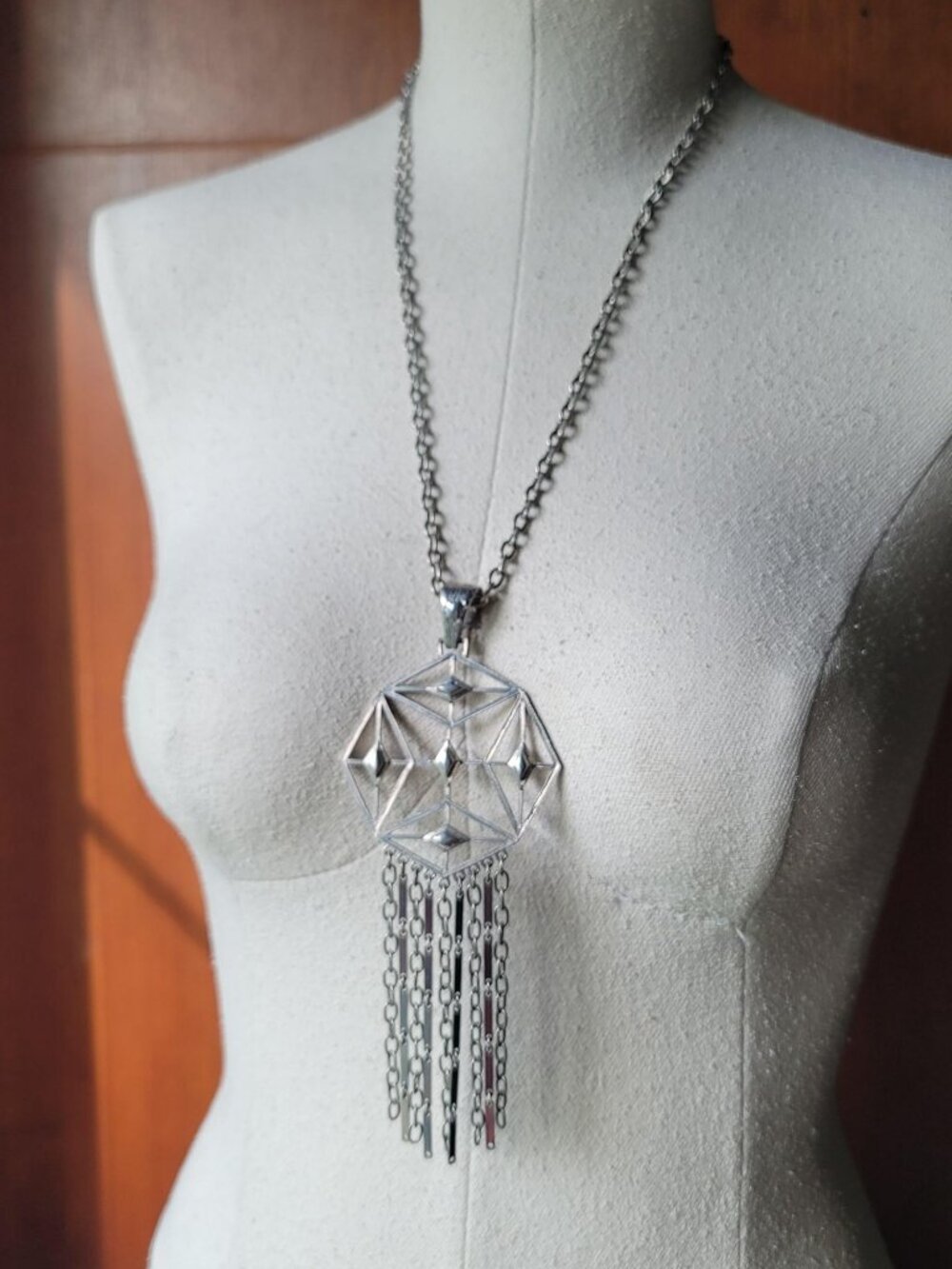 Vintage Large Geometric Silver Tone Fringe Statement Necklace